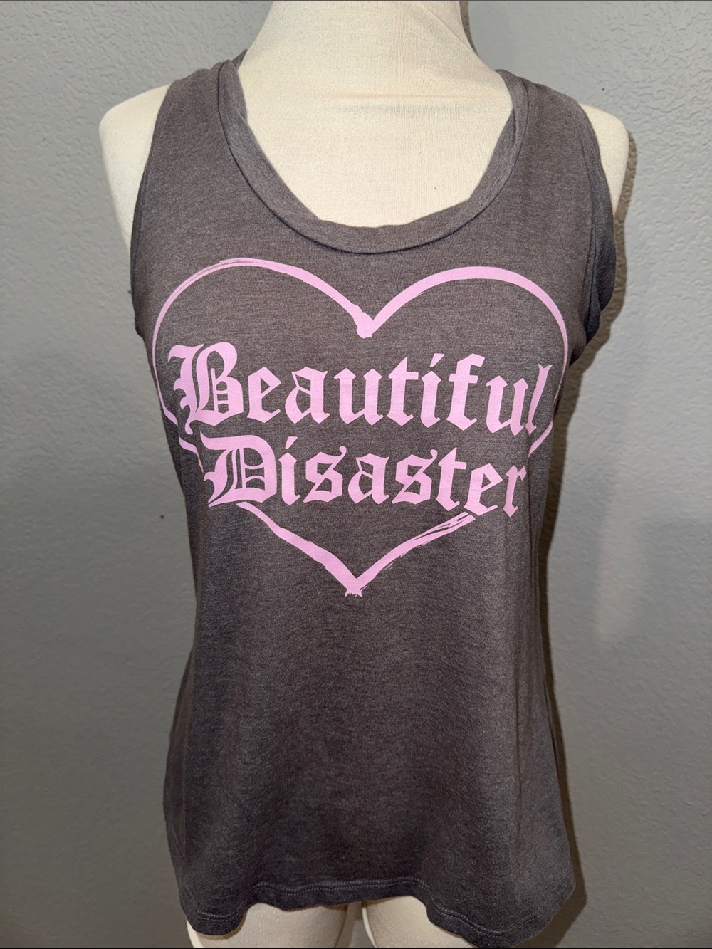 Beautiful Disaster Gray Tank Top with Pink Heart Logo